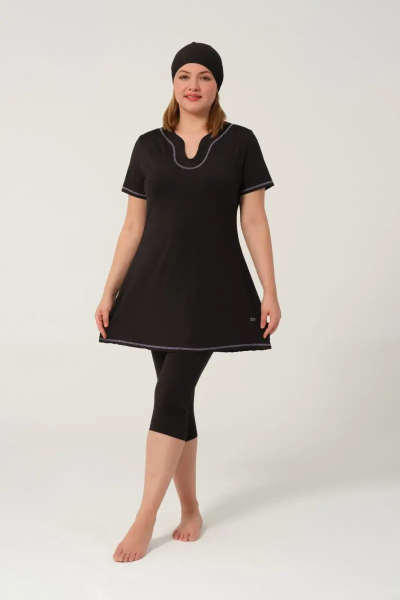 Kadın Düz Desenli Yarı Kapalı Tesettür Mayo 24185-25 Siyah - 2