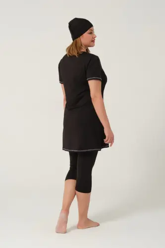 Kadın Düz Desenli Yarı Kapalı Tesettür Mayo 24185-25 Siyah - 3