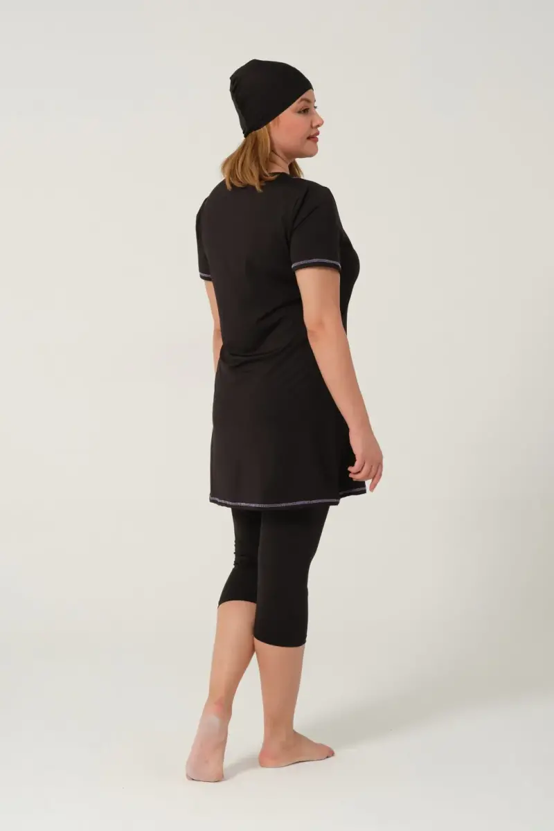 Kadın Düz Desenli Yarı Kapalı Tesettür Mayo 24185-25 Siyah - 3