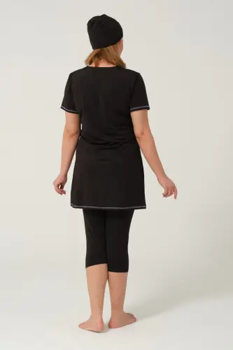 Kadın Düz Desenli Yarı Kapalı Tesettür Mayo 24185-25 Siyah - 4