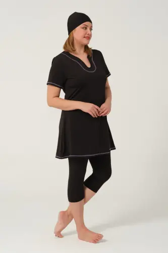 Kadın Düz Desenli Yarı Kapalı Tesettür Mayo 24185-25 Siyah - 5