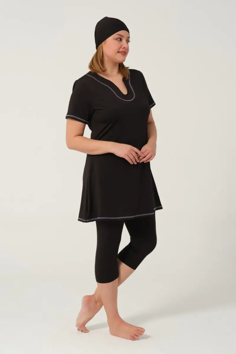 Kadın Düz Desenli Yarı Kapalı Tesettür Mayo 24185-25 Siyah - 5