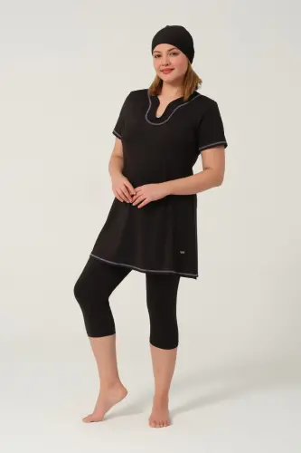 Kadın Düz Desenli Yarı Kapalı Tesettür Mayo 24185-25 Siyah - 6