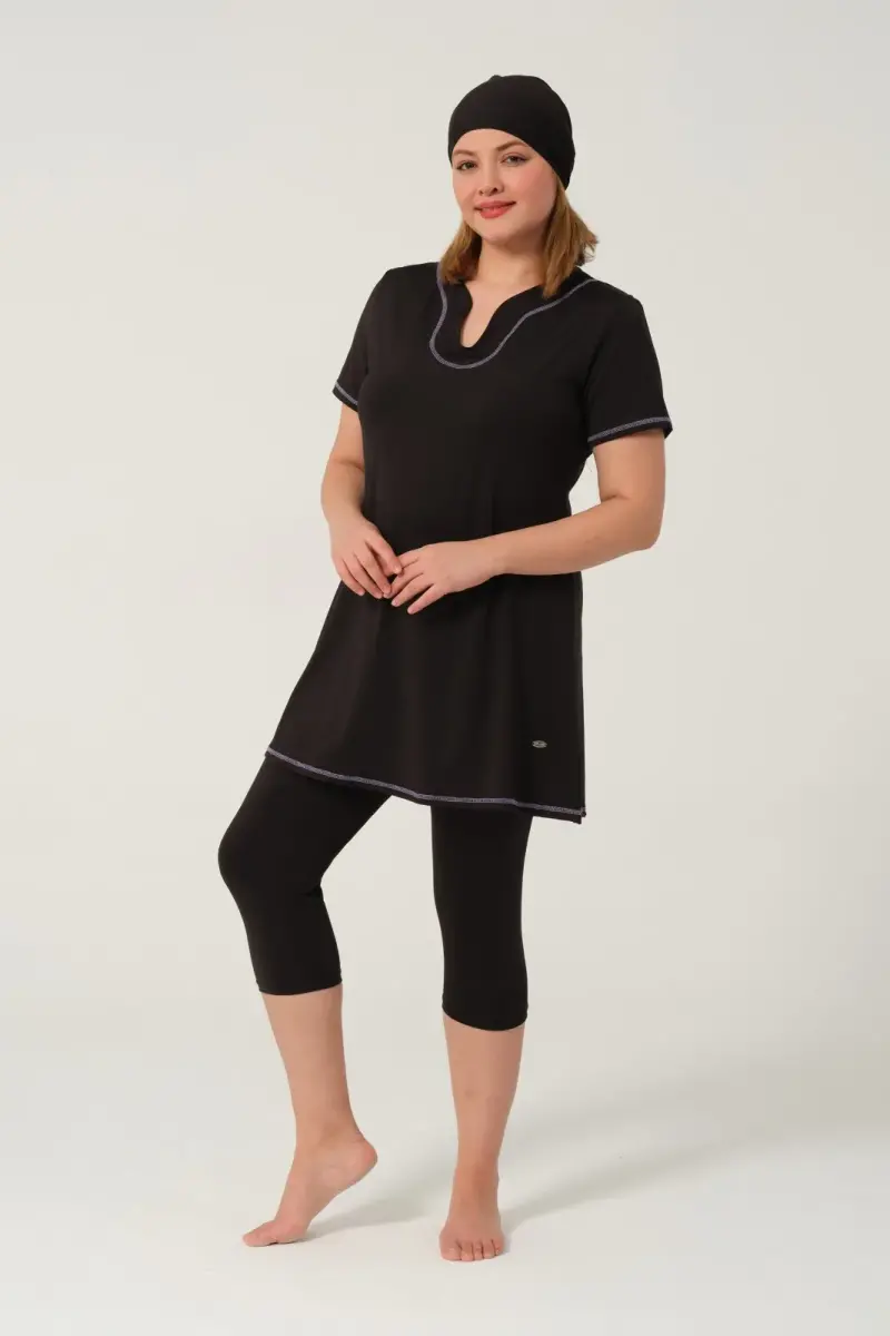 Kadın Düz Desenli Yarı Kapalı Tesettür Mayo 24185-25 Siyah - 6