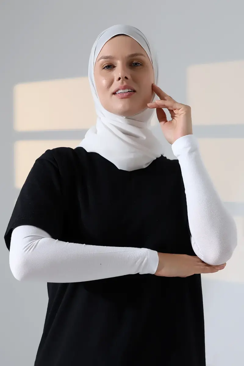Kadın Düz Dikişsiz Pratik Likralı Tesettür Kolluk Penye Namaz Kolluğu - Beyaz - 6