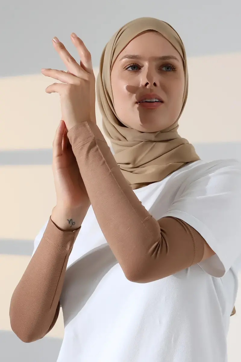 Kadın Düz Dikişsiz Pratik Likralı Tesettür Kolluk Penye Namaz Kolluğu - Kahve - 5