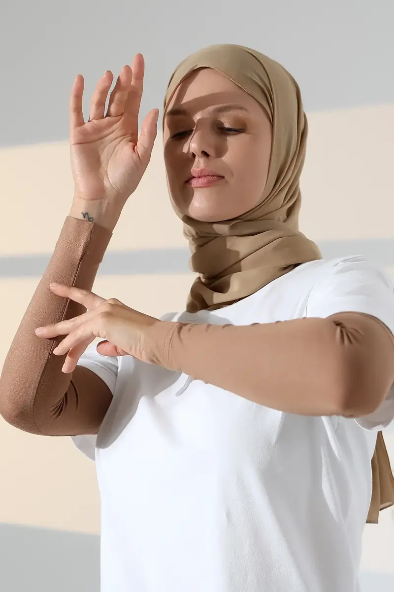 Kadın Düz Dikişsiz Pratik Likralı Tesettür Kolluk Penye Namaz Kolluğu - Kahve - 6