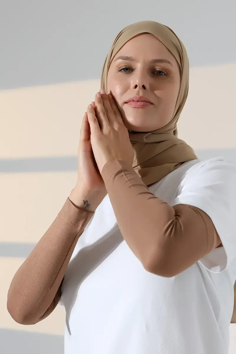 Kadın Düz Dikişsiz Pratik Likralı Tesettür Kolluk Penye Namaz Kolluğu - Kahve - 7
