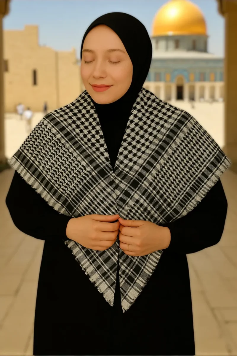 Kadın Erkek Kefiye Kare Desenli Pamuklu Filistin Puşi Şal - Siyah Beyaz - 1