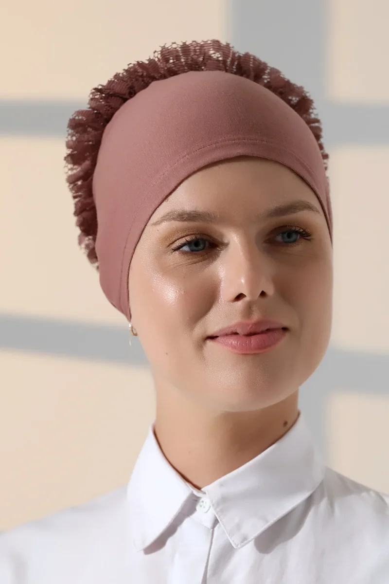 Kadın Fırfırlı Güpürlü Tesettür Topuz Bone - Gül Kurusu - 2
