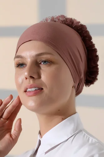 Kadın Fırfırlı Güpürlü Tesettür Topuz Bone - Gül Kurusu - 5