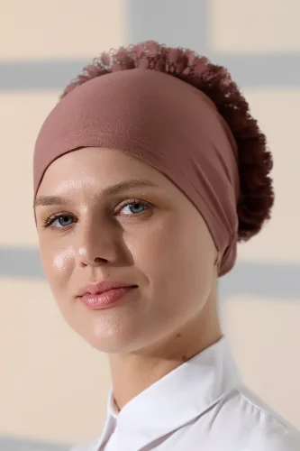 Kadın Fırfırlı Güpürlü Tesettür Topuz Bone - Gül Kurusu - 6