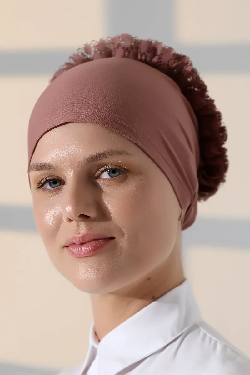 Kadın Fırfırlı Güpürlü Tesettür Topuz Bone - Gül Kurusu - 6