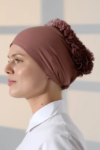 Kadın Fırfırlı Güpürlü Tesettür Topuz Bone - Gül Kurusu - 7