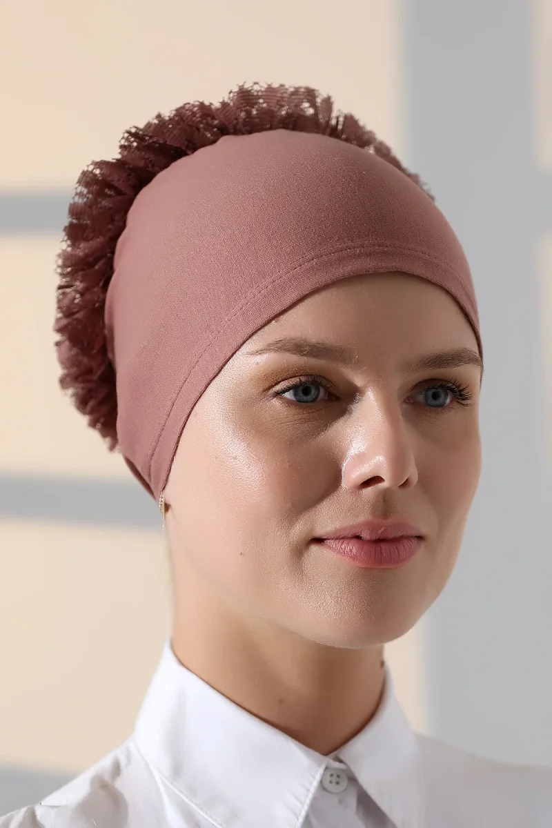 Kadın Fırfırlı Güpürlü Tesettür Topuz Bone - Gül Kurusu - 3