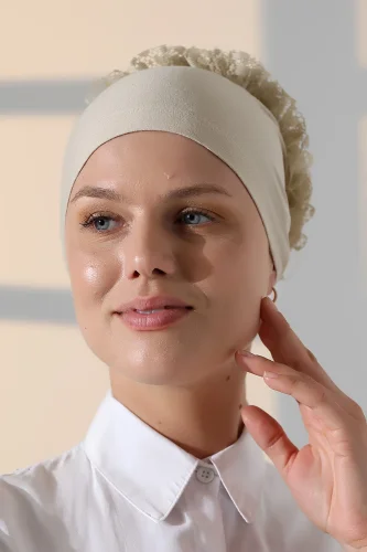 Kadın Fırfırlı Güpürlü Tesettür Topuz Bone - Krem - 2