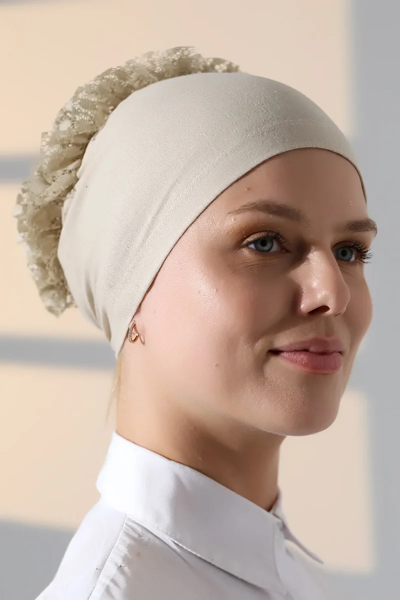 Kadın Fırfırlı Güpürlü Tesettür Topuz Bone - Krem - 6
