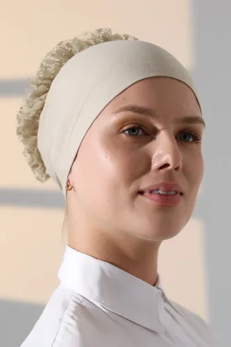 Kadın Fırfırlı Güpürlü Tesettür Topuz Bone - Krem - 8