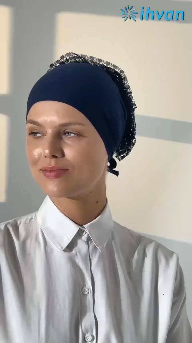 Kadın Fırfırlı Güpürlü Tesettür Topuz Bone - Lacivert - 8