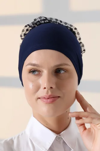Kadın Fırfırlı Güpürlü Tesettür Topuz Bone - Lacivert - 4