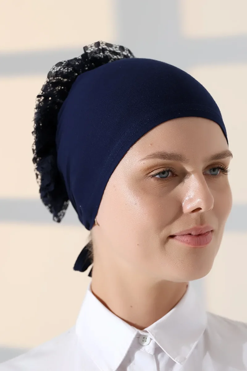 Kadın Fırfırlı Güpürlü Tesettür Topuz Bone - Lacivert - 3
