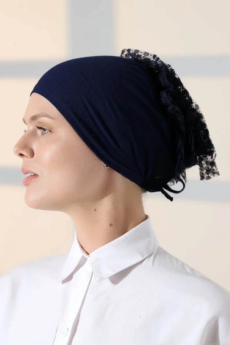 Kadın Fırfırlı Güpürlü Tesettür Topuz Bone - Lacivert - 2