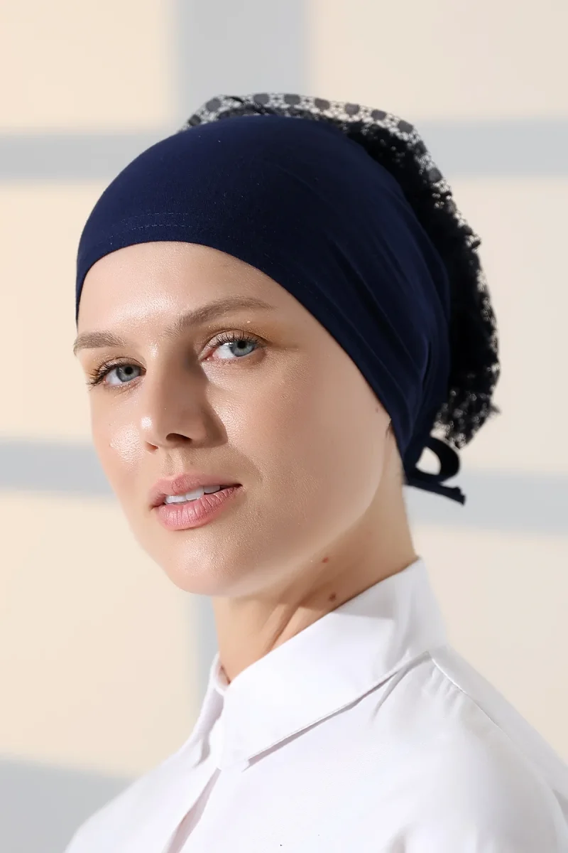 Kadın Fırfırlı Güpürlü Tesettür Topuz Bone - Lacivert - 6