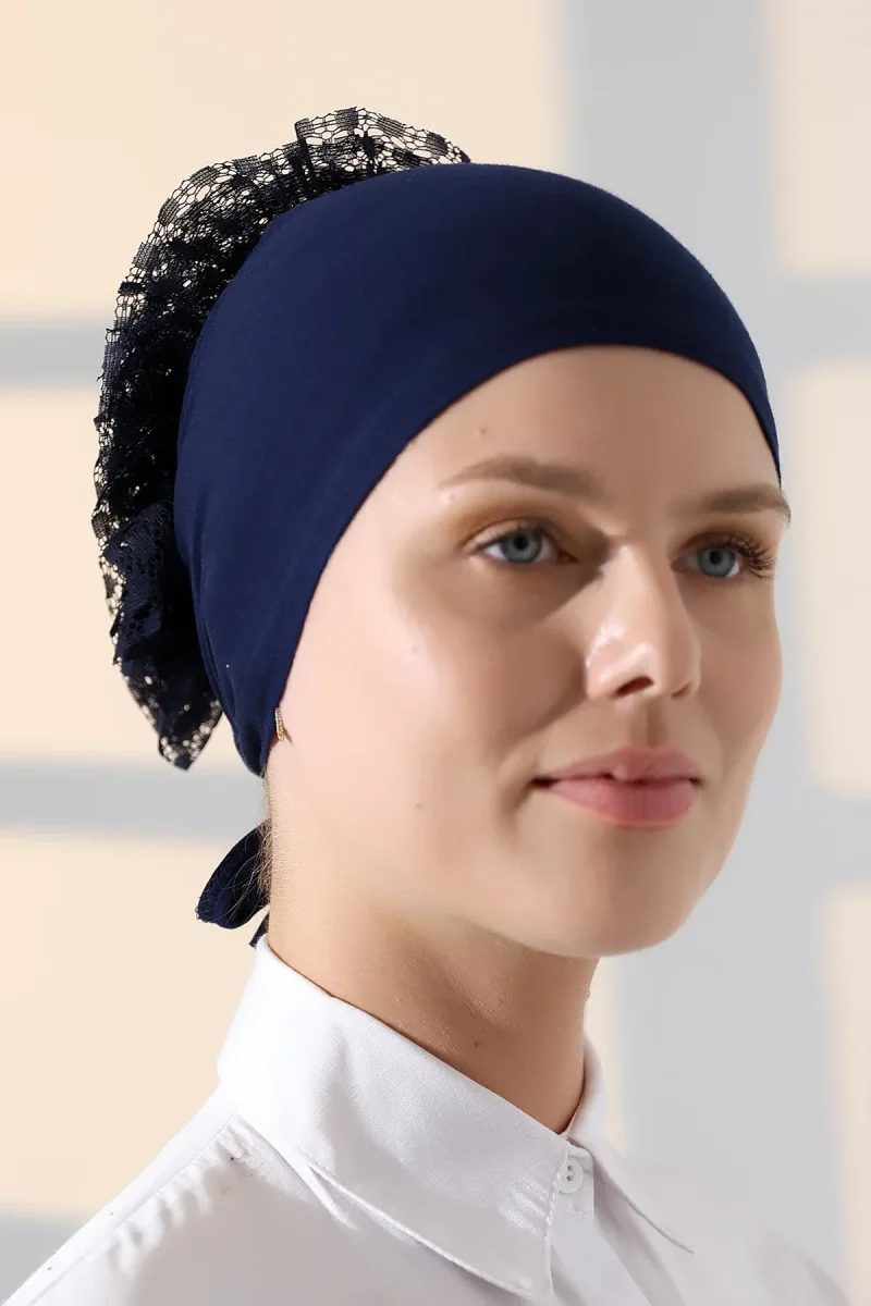 Kadın Fırfırlı Güpürlü Tesettür Topuz Bone - Lacivert - 7