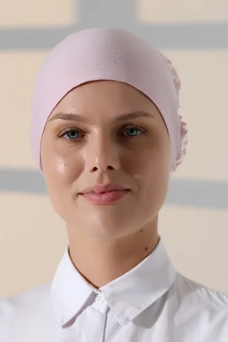 Kadın Fırfırlı Güpürlü Tesettür Topuz Bone - Pembe - 3