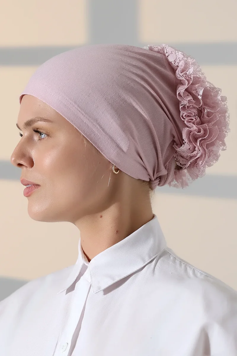 Kadın Fırfırlı Güpürlü Tesettür Topuz Bone - Pembe - 2