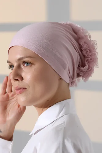 Kadın Fırfırlı Güpürlü Tesettür Topuz Bone - Pembe - 4