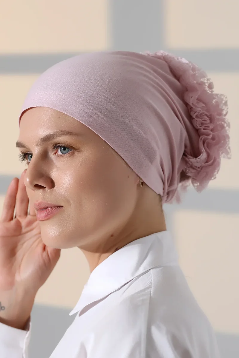 Kadın Fırfırlı Güpürlü Tesettür Topuz Bone - Pembe - 4