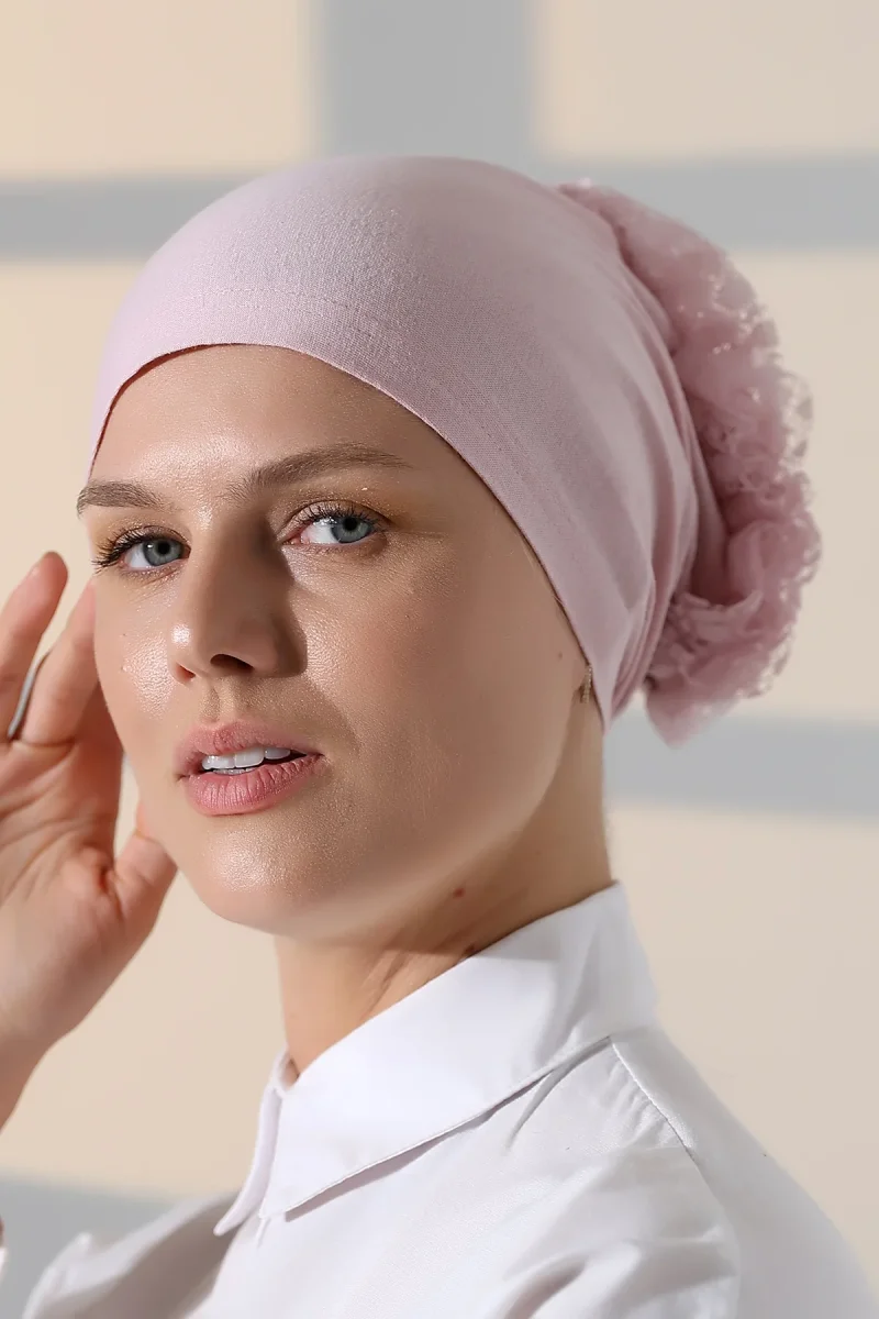 Kadın Fırfırlı Güpürlü Tesettür Topuz Bone - Pembe - 7