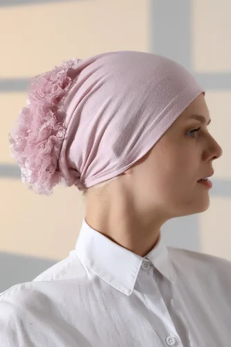 Kadın Fırfırlı Güpürlü Tesettür Topuz Bone - Pembe 