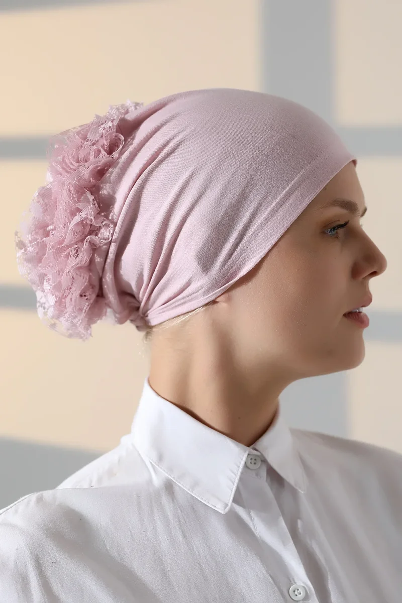 Kadın Fırfırlı Güpürlü Tesettür Topuz Bone - Pembe - 1