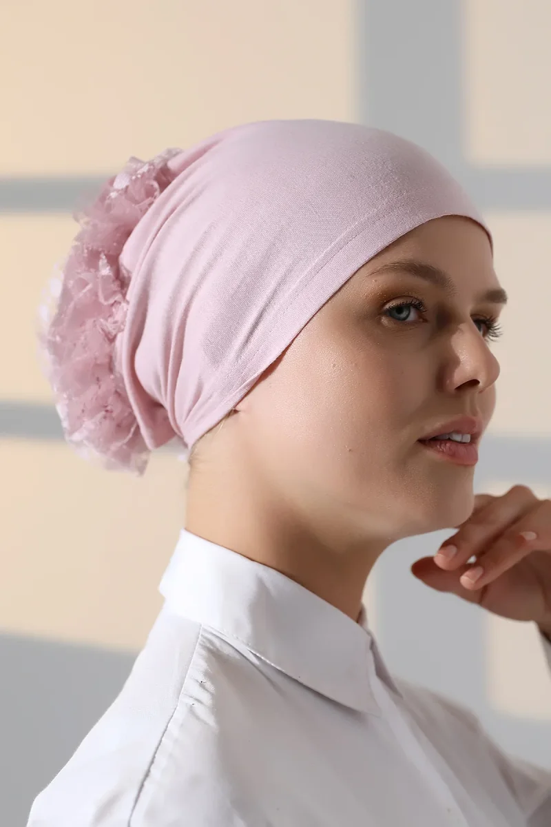 Kadın Fırfırlı Güpürlü Tesettür Topuz Bone - Pembe - 8
