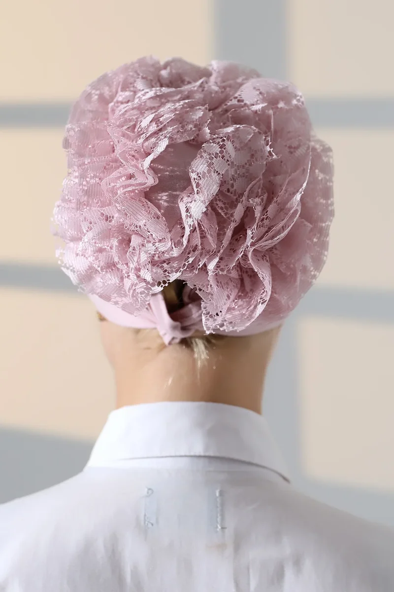 Kadın Fırfırlı Güpürlü Tesettür Topuz Bone - Pembe - 5
