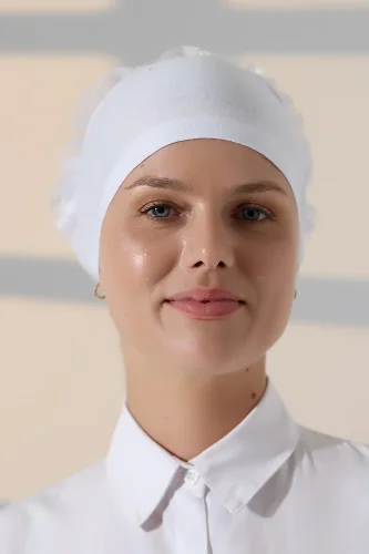 Kadın Fırfırlı Güpürlü Tesettür Topuz Bone - Beyaz - 2