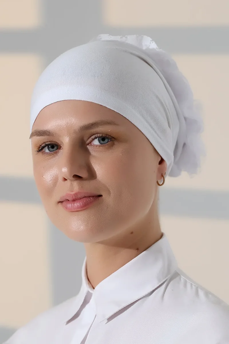 Kadın Fırfırlı Güpürlü Tesettür Topuz Bone - Beyaz - 5