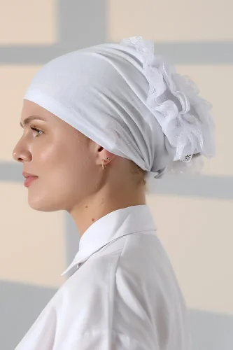 Kadın Fırfırlı Güpürlü Tesettür Topuz Bone - Beyaz - 6