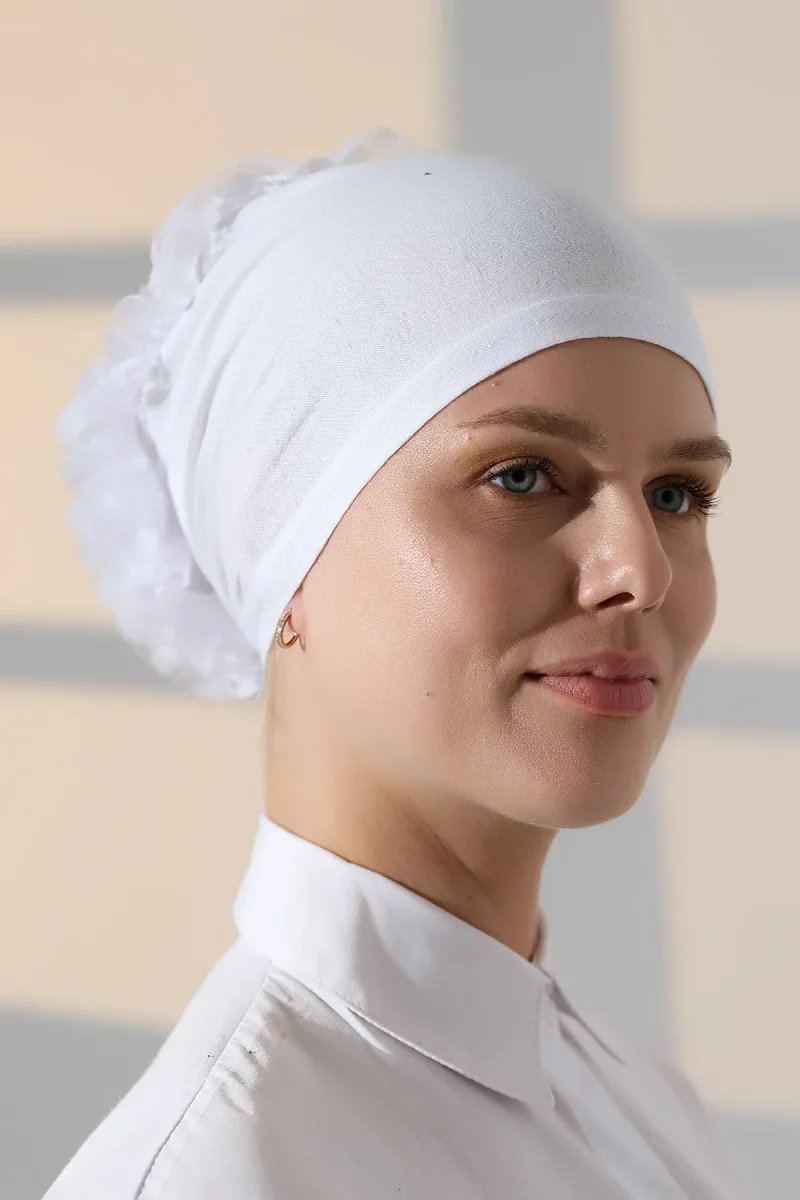 Kadın Fırfırlı Güpürlü Tesettür Topuz Bone - Beyaz - 7
