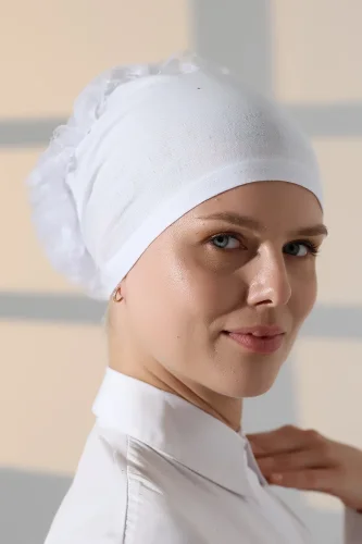 Kadın Fırfırlı Güpürlü Tesettür Topuz Bone - Beyaz - 8