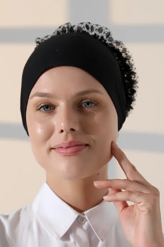 Kadın Fırfırlı Güpürlü Tesettür Topuz Bone - Siyah - 6