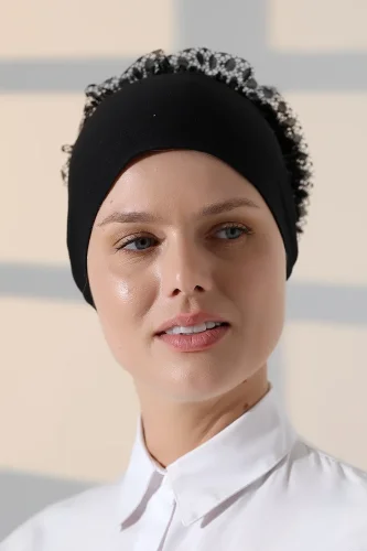 Kadın Fırfırlı Güpürlü Tesettür Topuz Bone - Siyah - 5