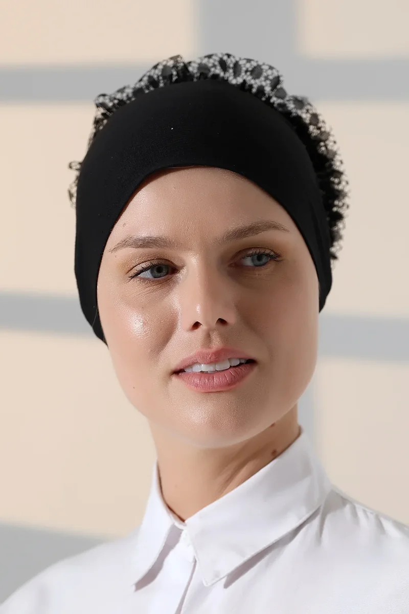 Kadın Fırfırlı Güpürlü Tesettür Topuz Bone - Siyah - 5