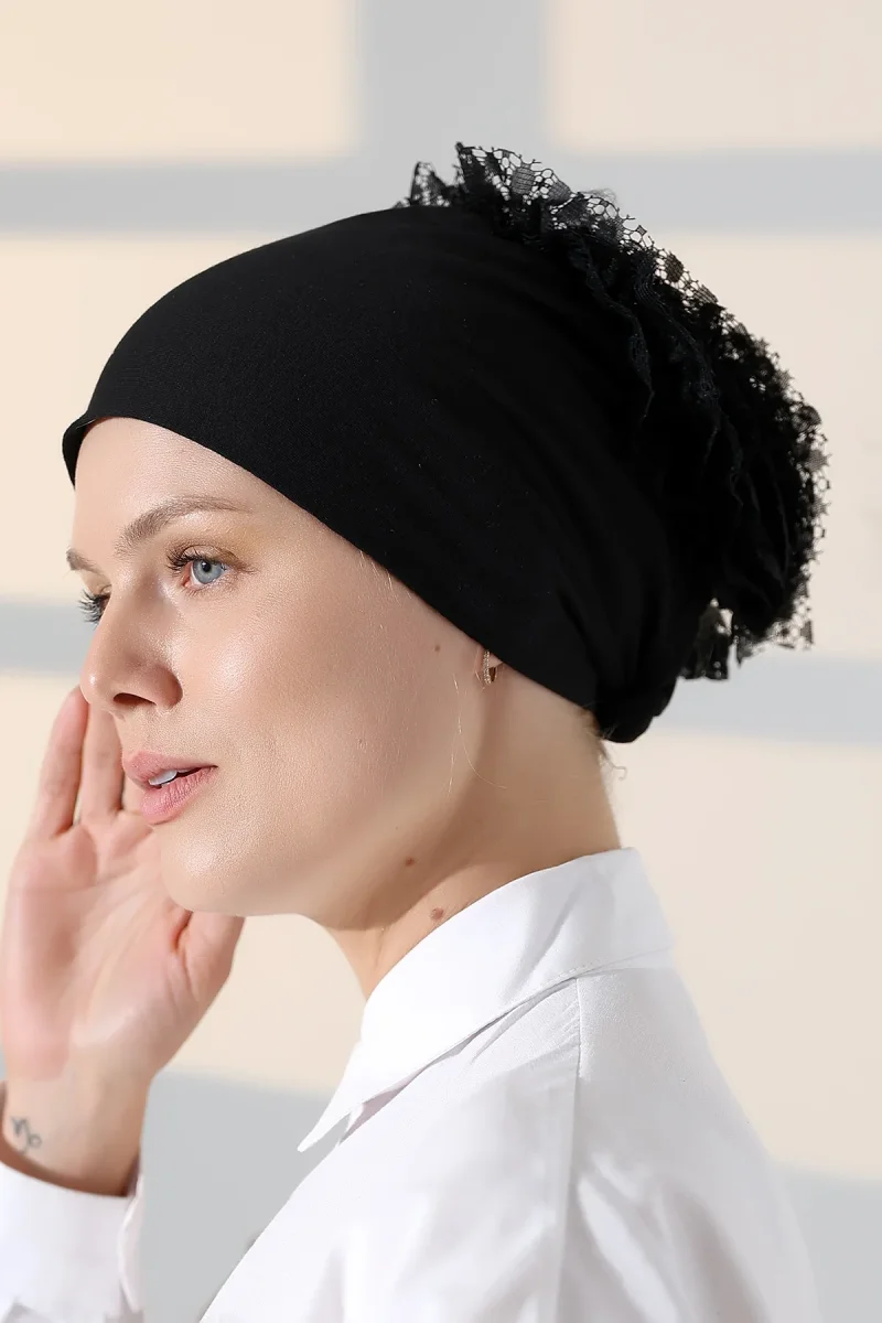Kadın Fırfırlı Güpürlü Tesettür Topuz Bone - Siyah - 7