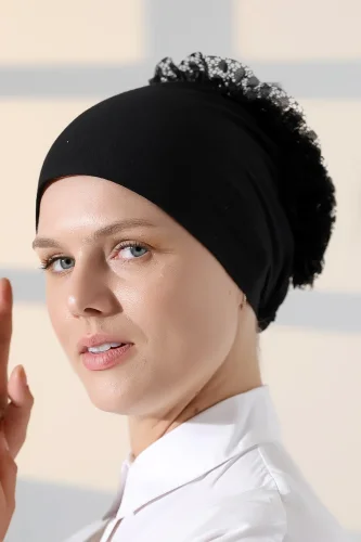 Kadın Fırfırlı Güpürlü Tesettür Topuz Bone - Siyah - 8