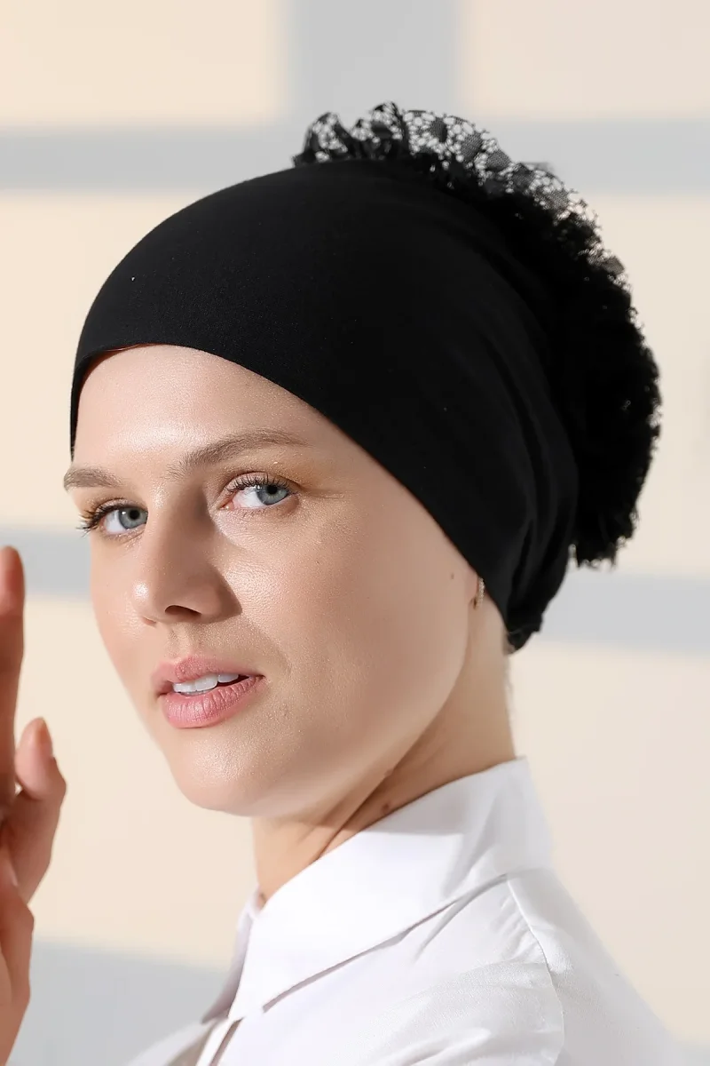 Kadın Fırfırlı Güpürlü Tesettür Topuz Bone - Siyah - 8