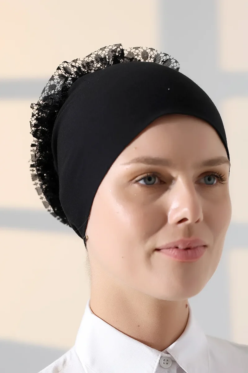 Kadın Fırfırlı Güpürlü Tesettür Topuz Bone - Siyah - 2