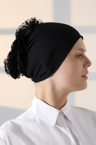 Kadın Fırfırlı Güpürlü Tesettür Topuz Bone - Siyah 